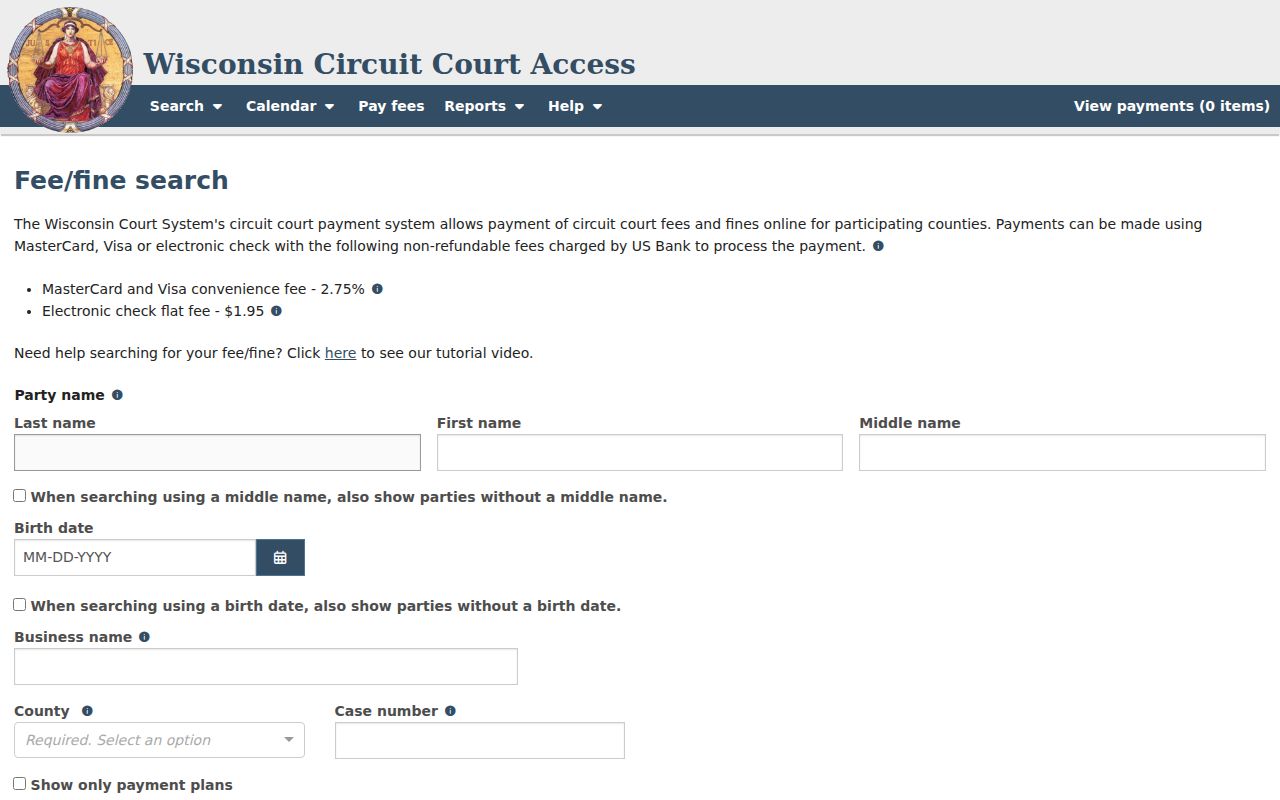 Juneau County criminal docket WCCA payment screen