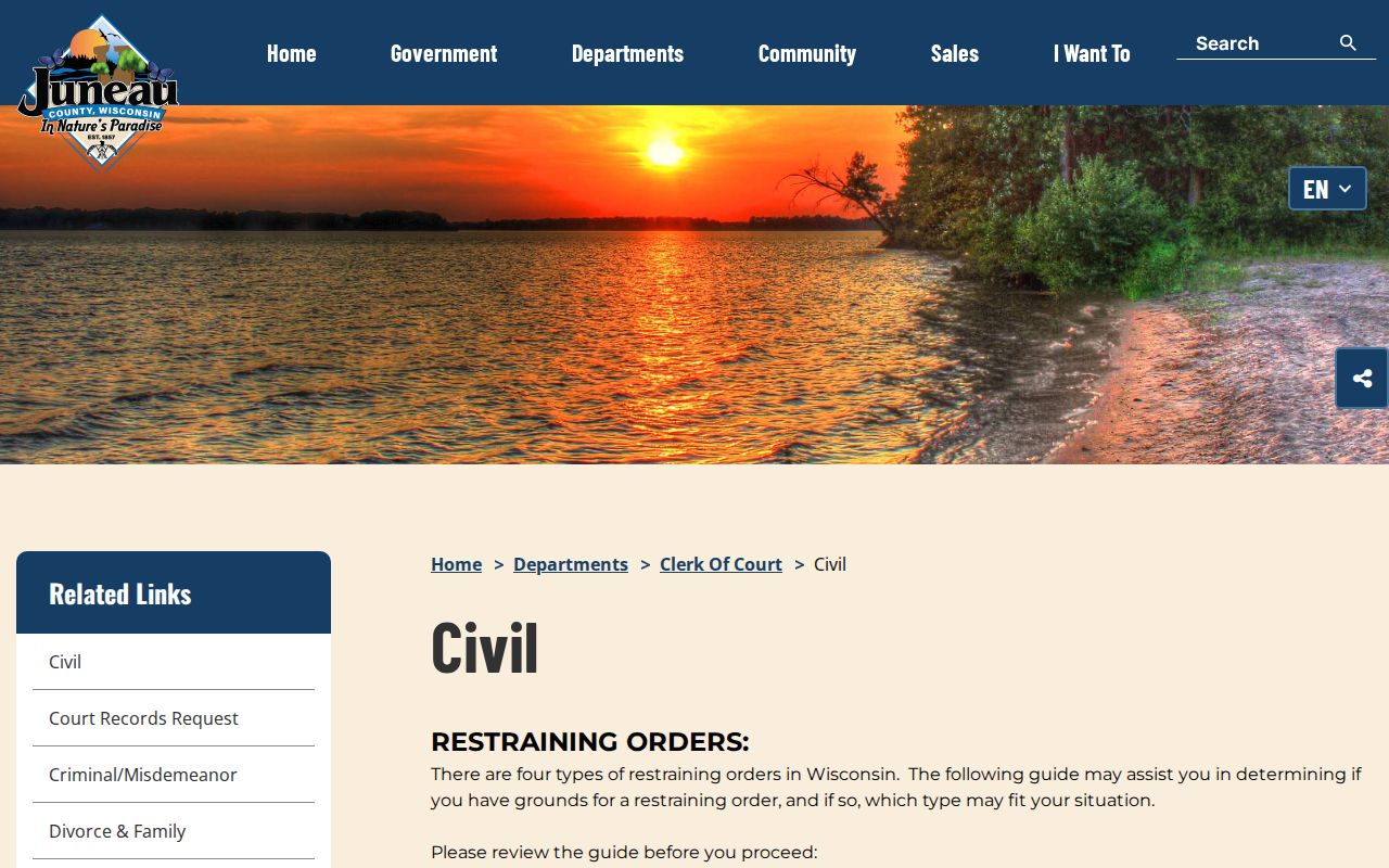 Juneau County Clerk of Court civil page and restraining-order resources