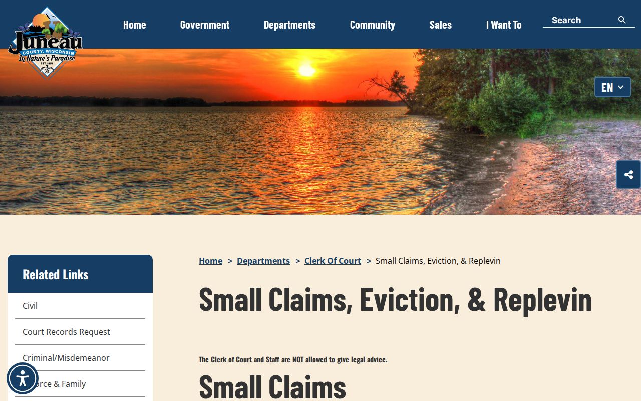 Juneau County small claims limits and return-date instructions