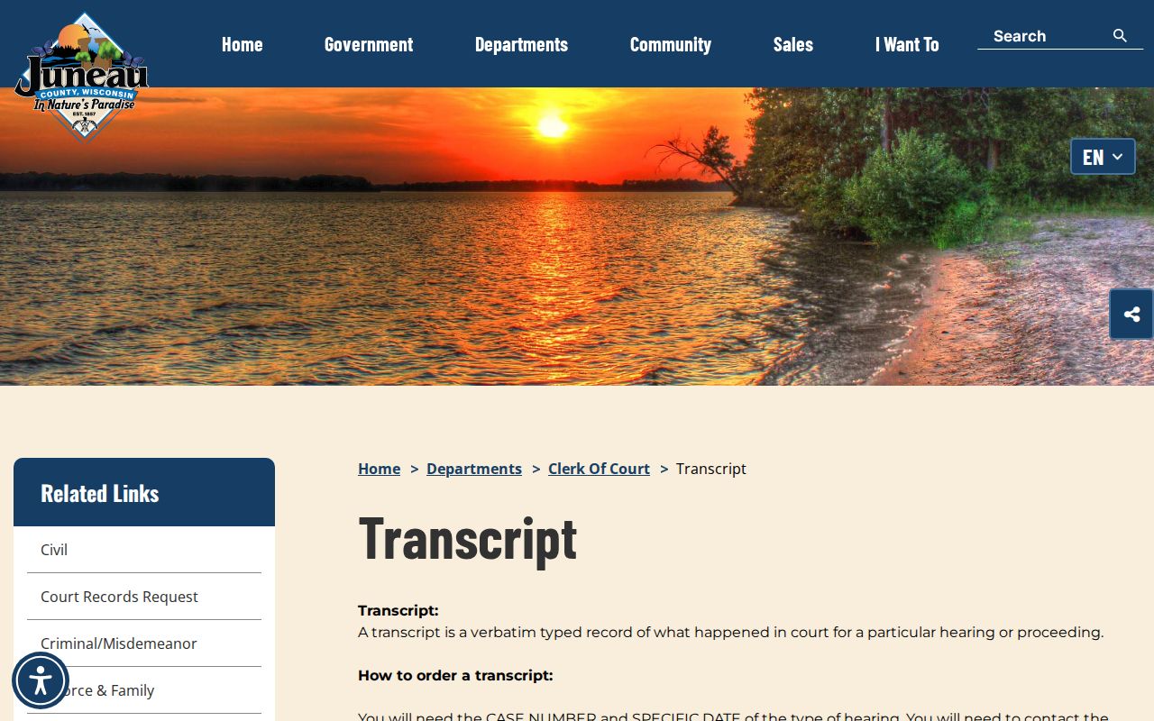 Juneau County court records transcript requirements
